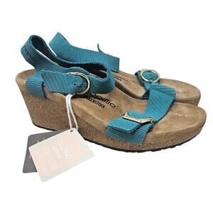NEW Papillio Birkenstock 39 Soley Teal Blue Leather Wedge Sandal Comfort Coastal